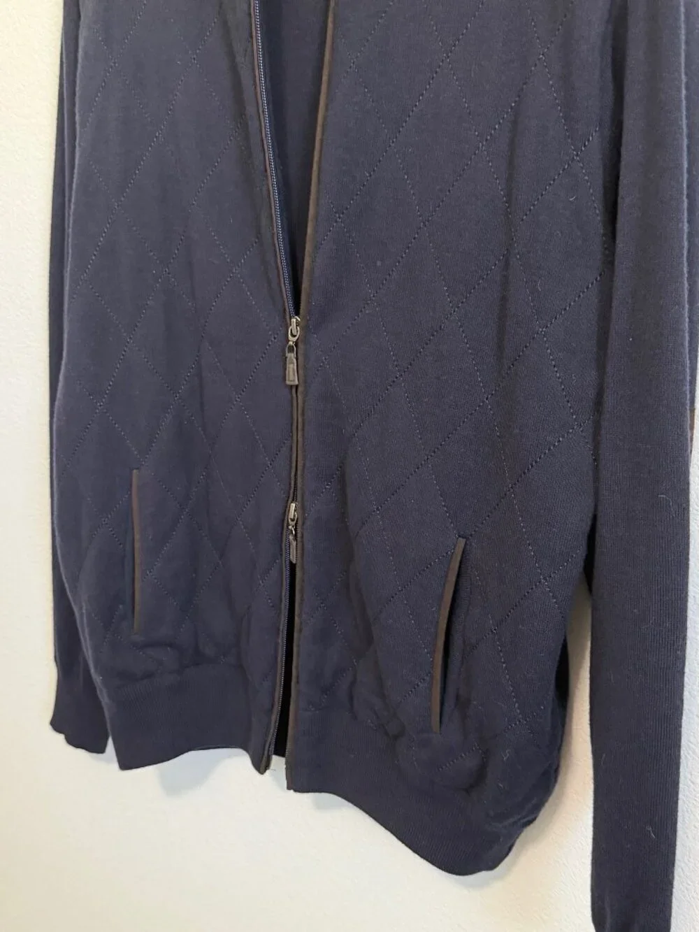 Peter Millar Navy Blue Wool Blend Long Sleeve Zip Up Quilted Sweater Size M